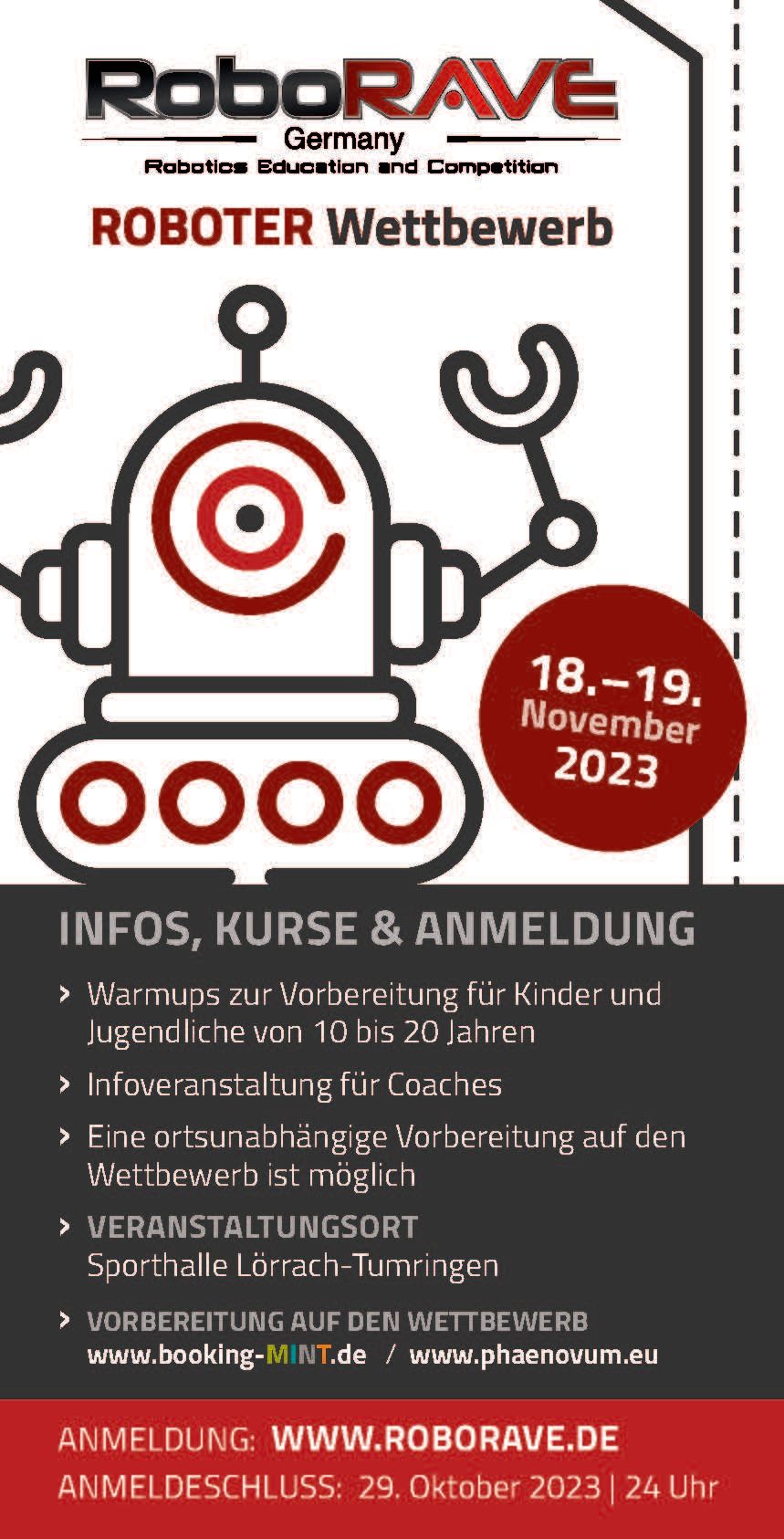Flyer zum Roboterwettbewerb RoboRAVE am 18. und 19. November 2023 in der Sporthalle Lörrach-Tumringen, mit gezeichnetem Roboter