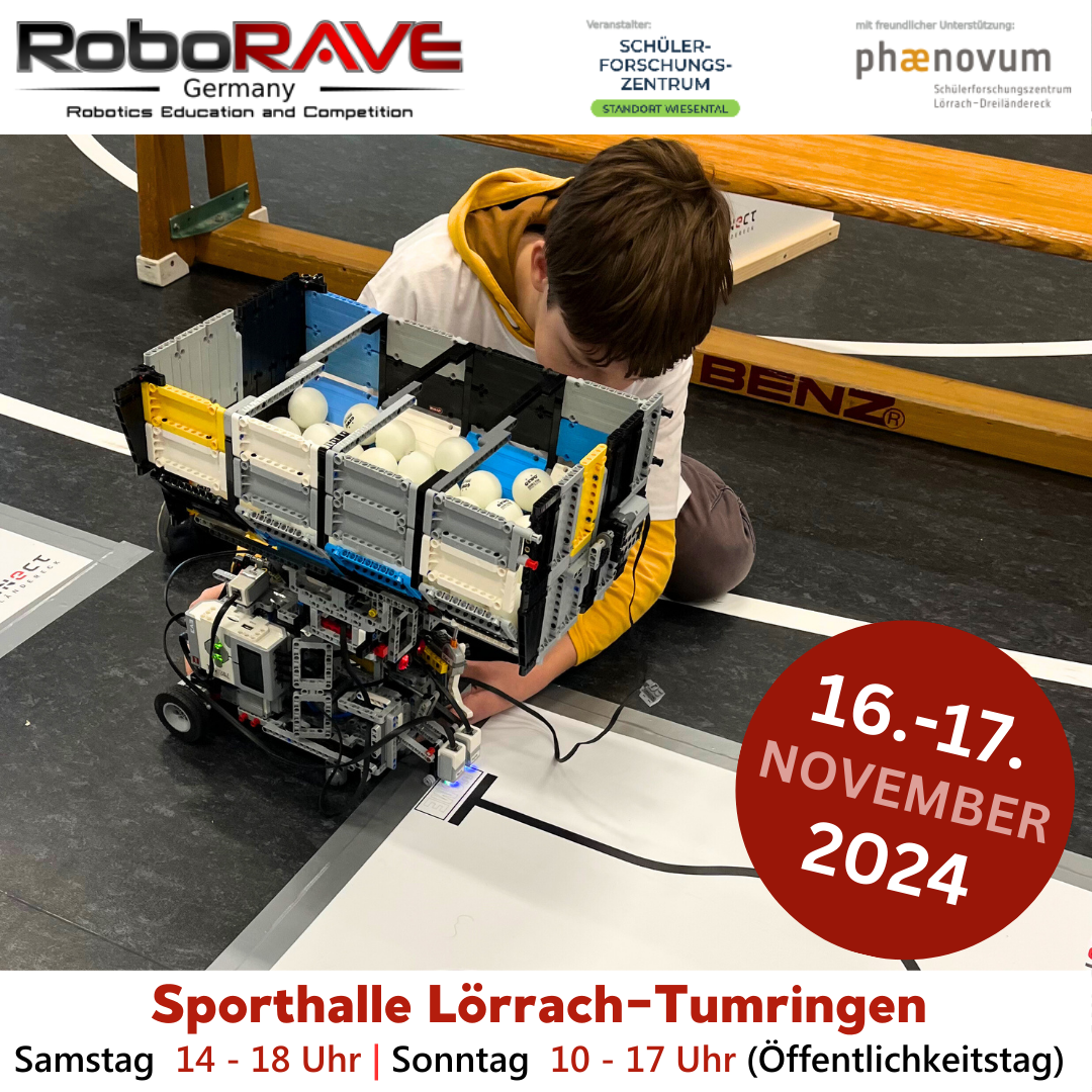 Ankündigung des RoboRAVE Germany am 16. und 17. November 2024 in der Sporthalle Lörrach-Tumringen, samstags 14 bis 18 Uhr und sonntags 10 bis 17 Uhr zum Öffentlichkeitstag, im Bild kniet ein Junge neben seinem Roboter mit Ballmagazin