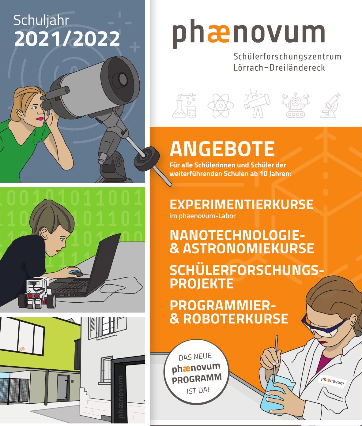 Titelseite des phænovum-Programms für das Schuljahr 2021/2022 mit Experimentierkursen, Nanotechnologie- und Astronomiekursen, Schülerforschungsprojekten sowie Programmier- und Roboterkursen für alle ab 10 Jahren