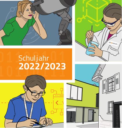 Ausschnitt des phænovum-Programms für das Schuljahr 2022/2023 mit gezeichneten Szenen aus Astronomie, Labor und Programmierkurs