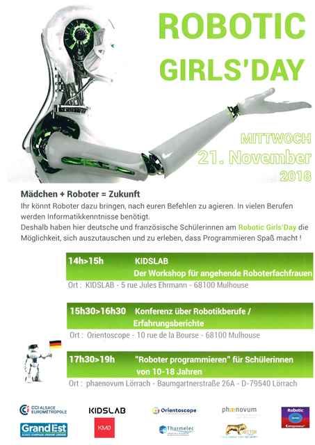 Plakat zum Robotic Girls' Day am Mittwoch, 21. November 2018, mit Workshops im KIDSLAB und im Orientoscope in Mulhouse und ab 17.30 Uhr „Roboter programmieren“ für Schülerinnen von 10 bis 18 Jahren im phænovum in Lörrach