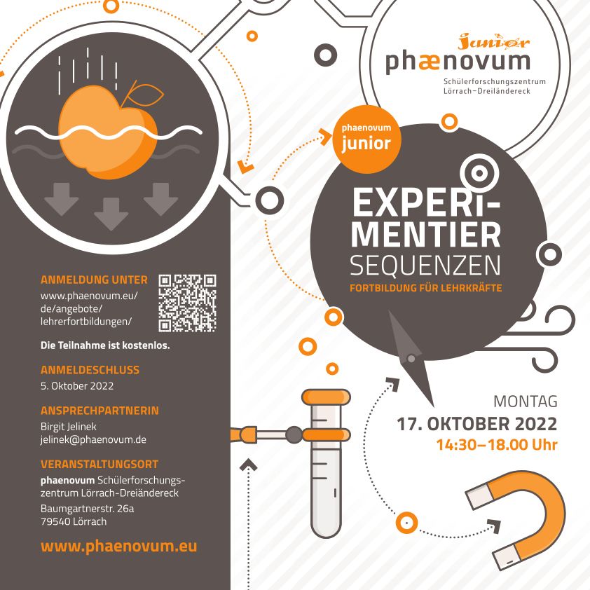 Ankündigung der Lehrkräftefortbildung „Experimentiersequenzen“ von phænovum junior am Montag, 17. Oktober 2022, von 14:30 bis 18 Uhr
