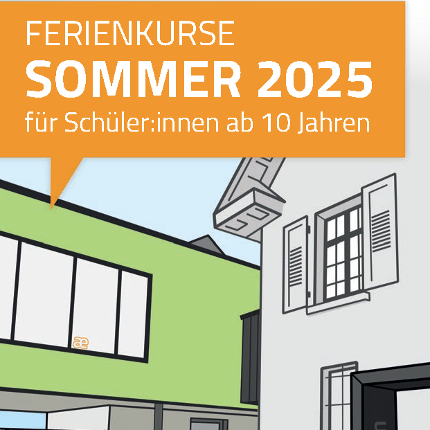 Ankündigung der Ferienkurse im Sommer 2025 für Schülerinnen und Schüler ab 10 Jahren, dazu eine Zeichnung des phænovum-Gebäudes