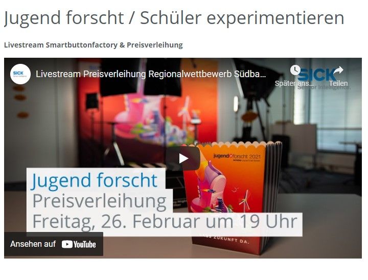 Screenshot der Seite mit dem eingebetteten Livestream zur Jugend-forscht-Preisverleihung am Freitag, 26. Februar um 19 Uhr