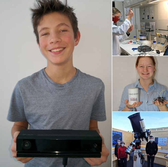 Bildcollage aus vier Projekten: ein Junge hält einen Kamerasensor, eine Schülerin arbeitet im Labor, eine weitere zeigt ihren Messaufbau mit Elektronik, zwei Jugendliche stehen am Teleskop