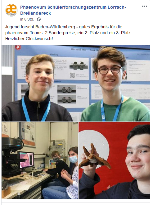 Screenshot eines Beitrags des phænovum zum Landeswettbewerb Jugend forscht Baden-Württemberg mit zwei Sonderpreisen, einem zweiten und einem dritten Platz, dazu drei Fotos der Teams